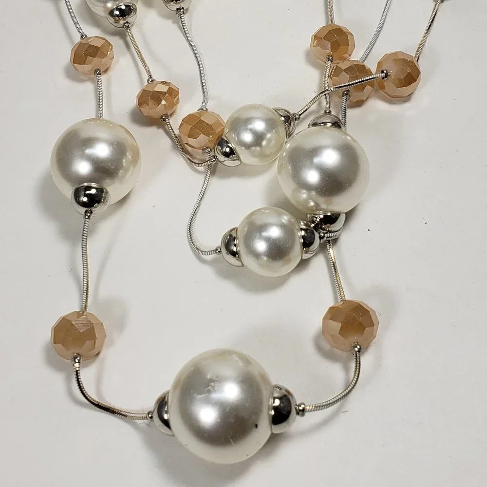Multi Strand  Silver, Ivory & Cream color Beaded Necklace & Earrings  Jewelry